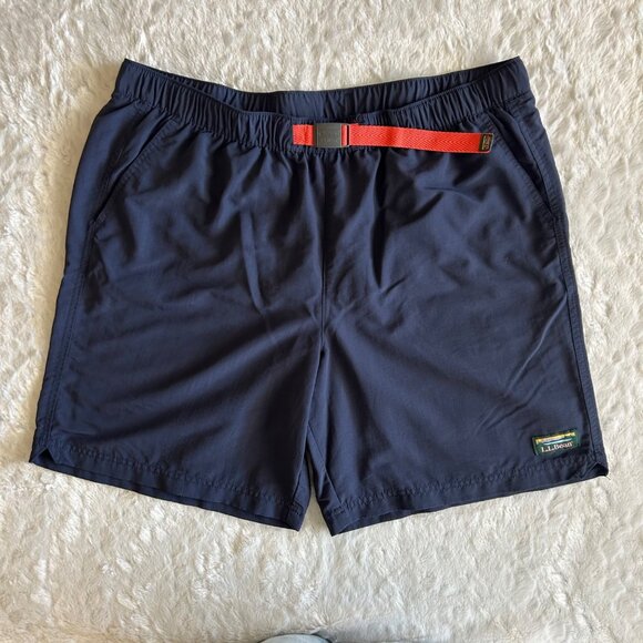 LL Bean Mens Navy Blue Quick-Dry Swim Shorts Adjustable Belt & Mesh Lining Large - Picture 1 of 6